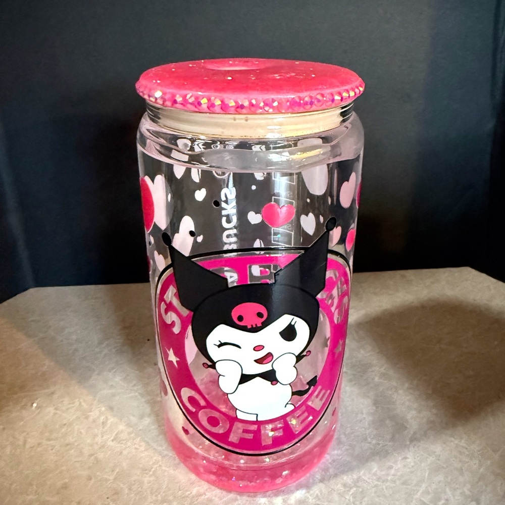 Kuromi Pink Heart Glass Glitter Tumbler